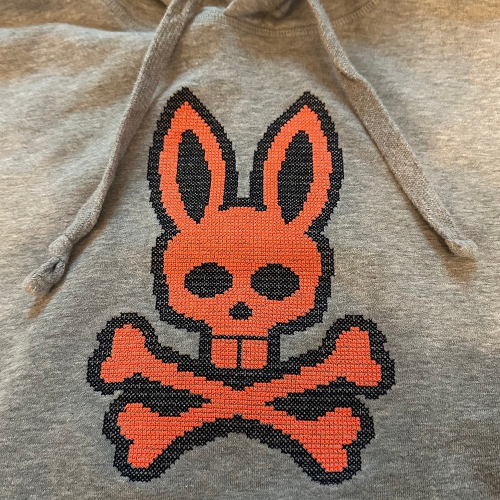 Psycho Bunny Grey Orange Pixel Bunny Skull Hoodie Men's Medium - Picture 5 of 6